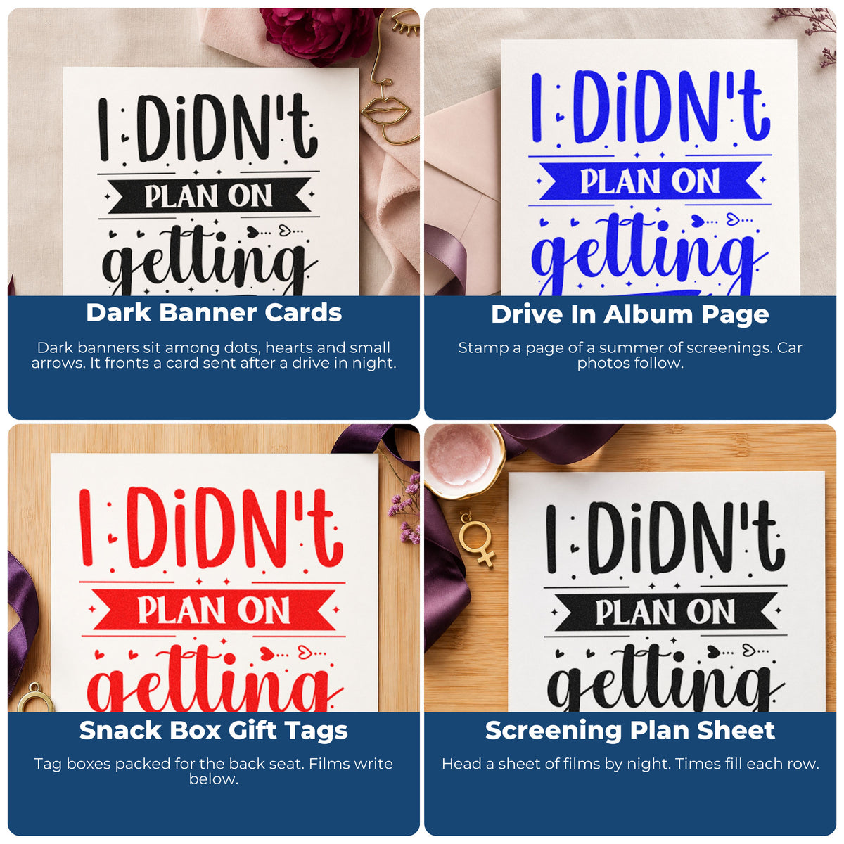Four ways to use the I Didn't Plan On Getting Out Of The Car Stamp – Self-Inking: dark banner cards, drive in album page, snack box gift tags and screening plan sheet.