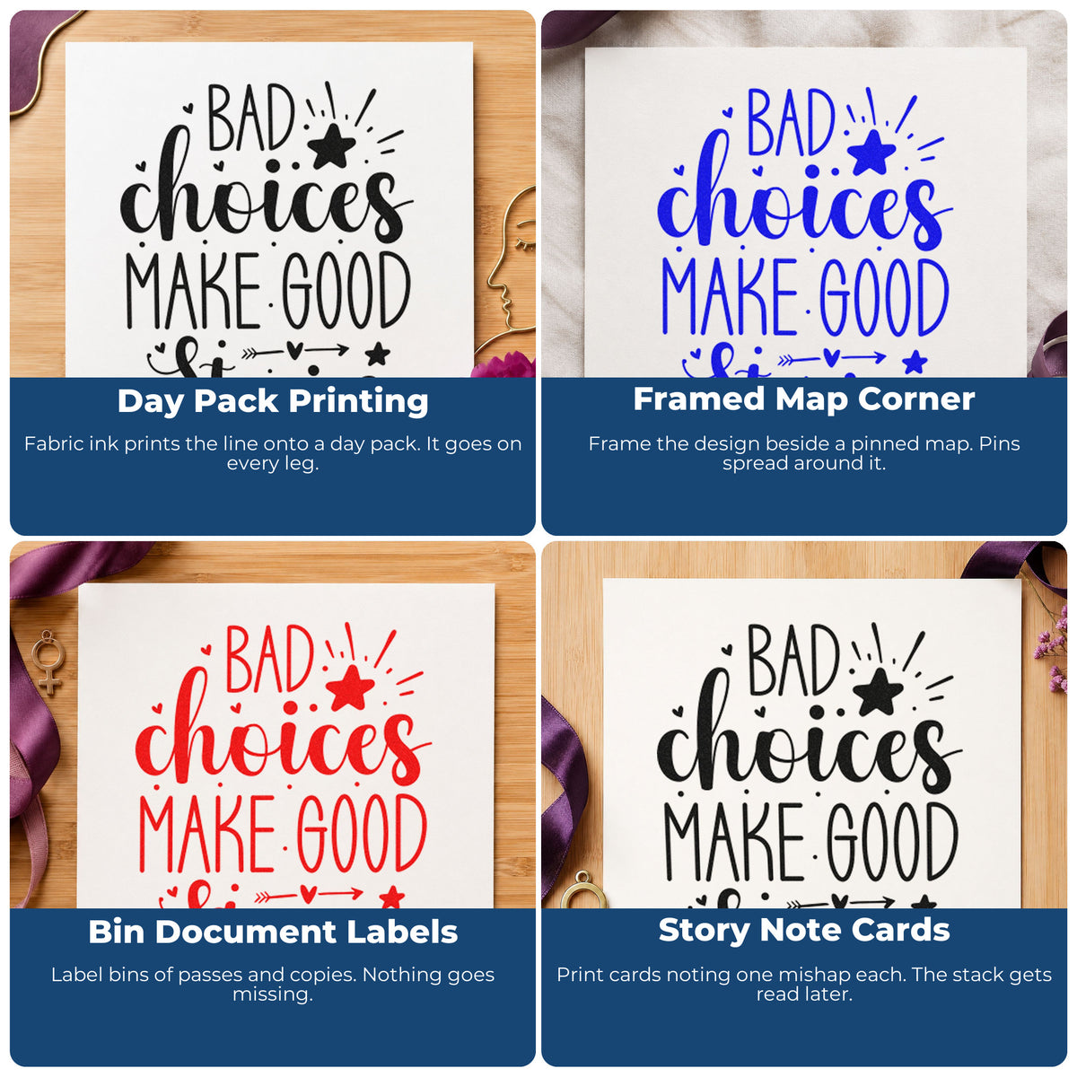 Four ways to use the Bad Choices Make Good Stories Stamp – Self-Inking: day pack printing, framed map corner, bin document labels and story note cards.