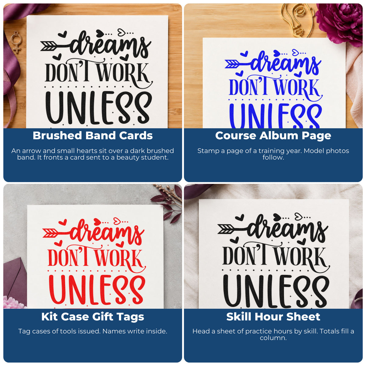 Four ways to use the Dreams Don't Work Unless You Do With Hearts Craft Stamp – Self-Inking: brushed band cards, course album page, kit case gift tags and skill hour sheet.