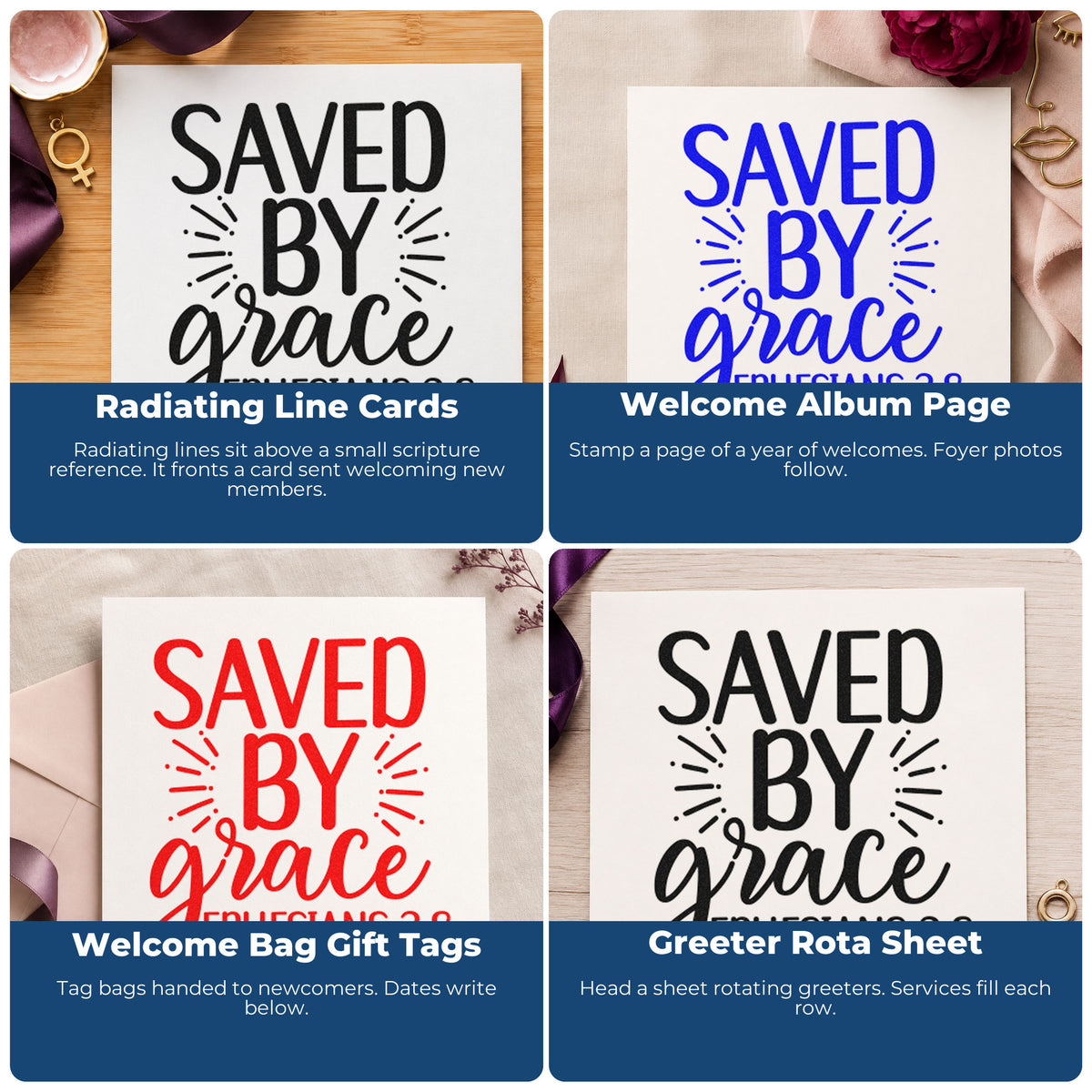 Four ways to use the Vintage Pro Saved By Grace Ephesians Premium Wooden Stamp: radiating line cards, welcome album page, welcome bag gift tags and greeter rota sheet.