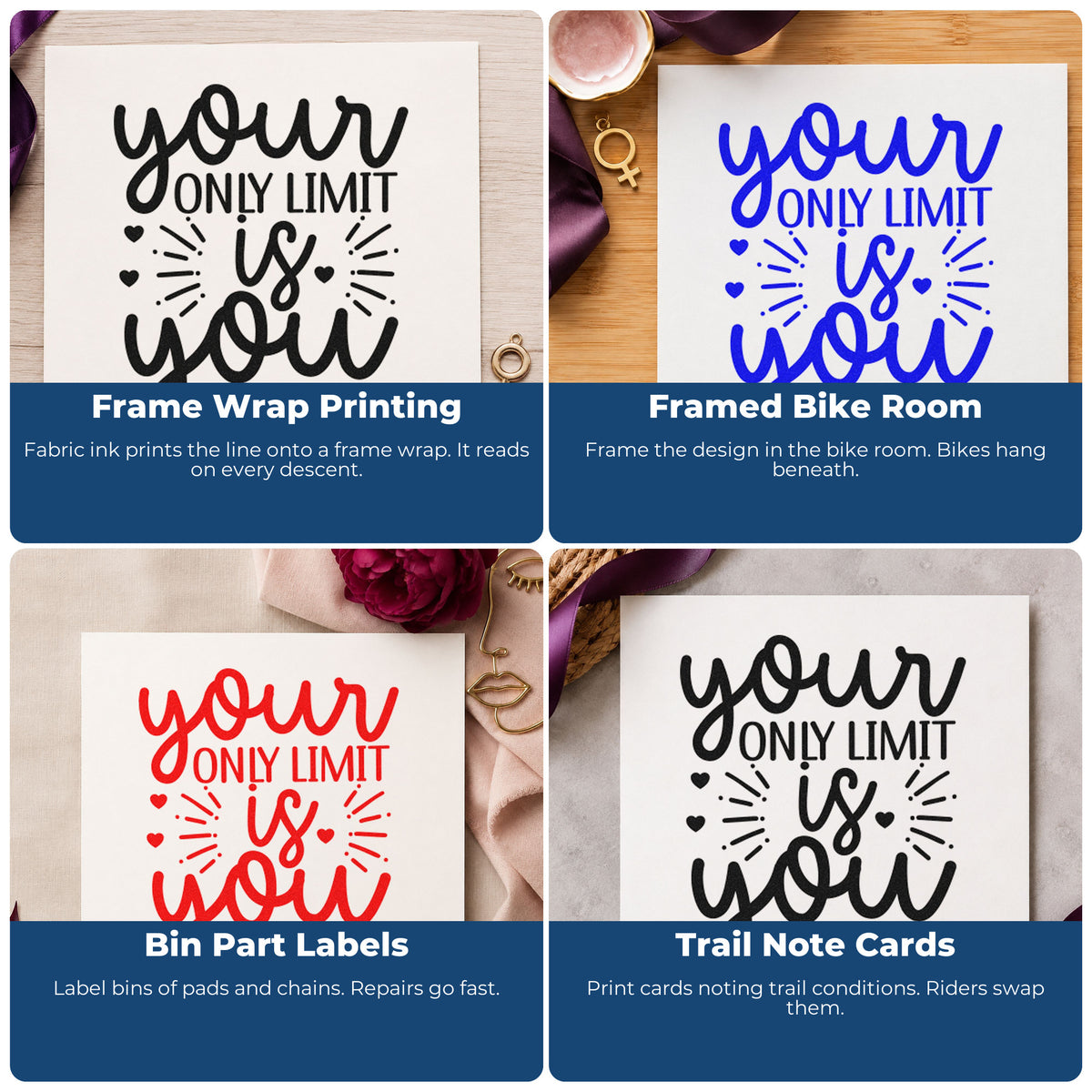 Four ways to use the Your Only Limit Is You Rays With Hearts Pre-Inked Stamp – PSI: frame wrap printing, framed bike room, bin part labels and trail note cards.