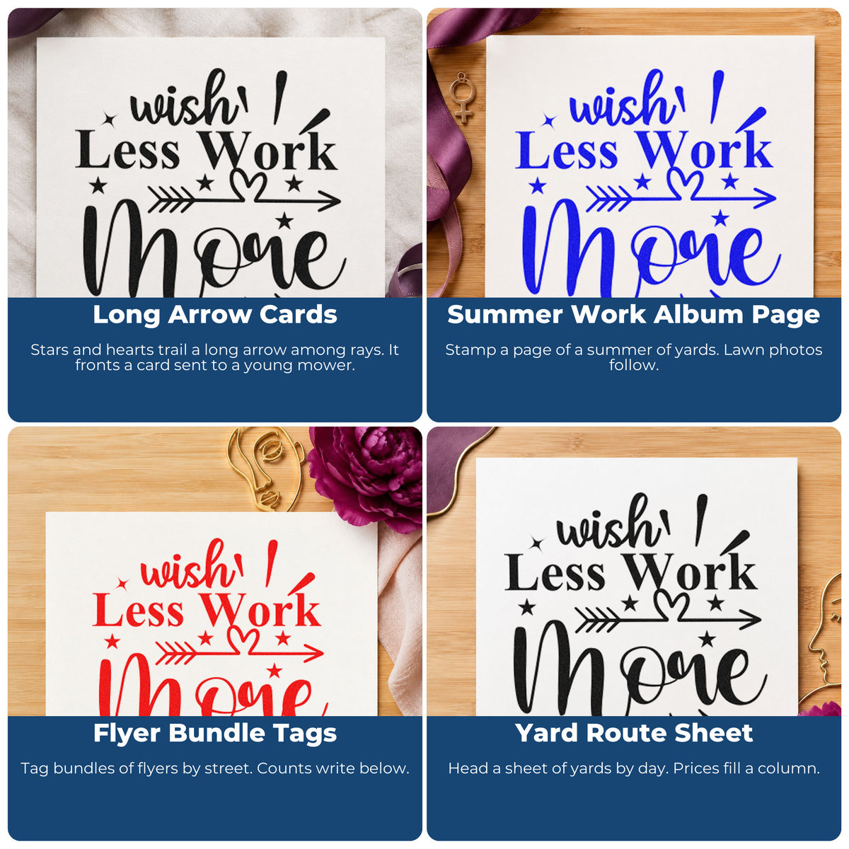 Four ways to use the Wish Less Work More Arrow Stamp – Slim Pre-Inked: long arrow cards, summer work album page, flyer bundle tags and yard route sheet.