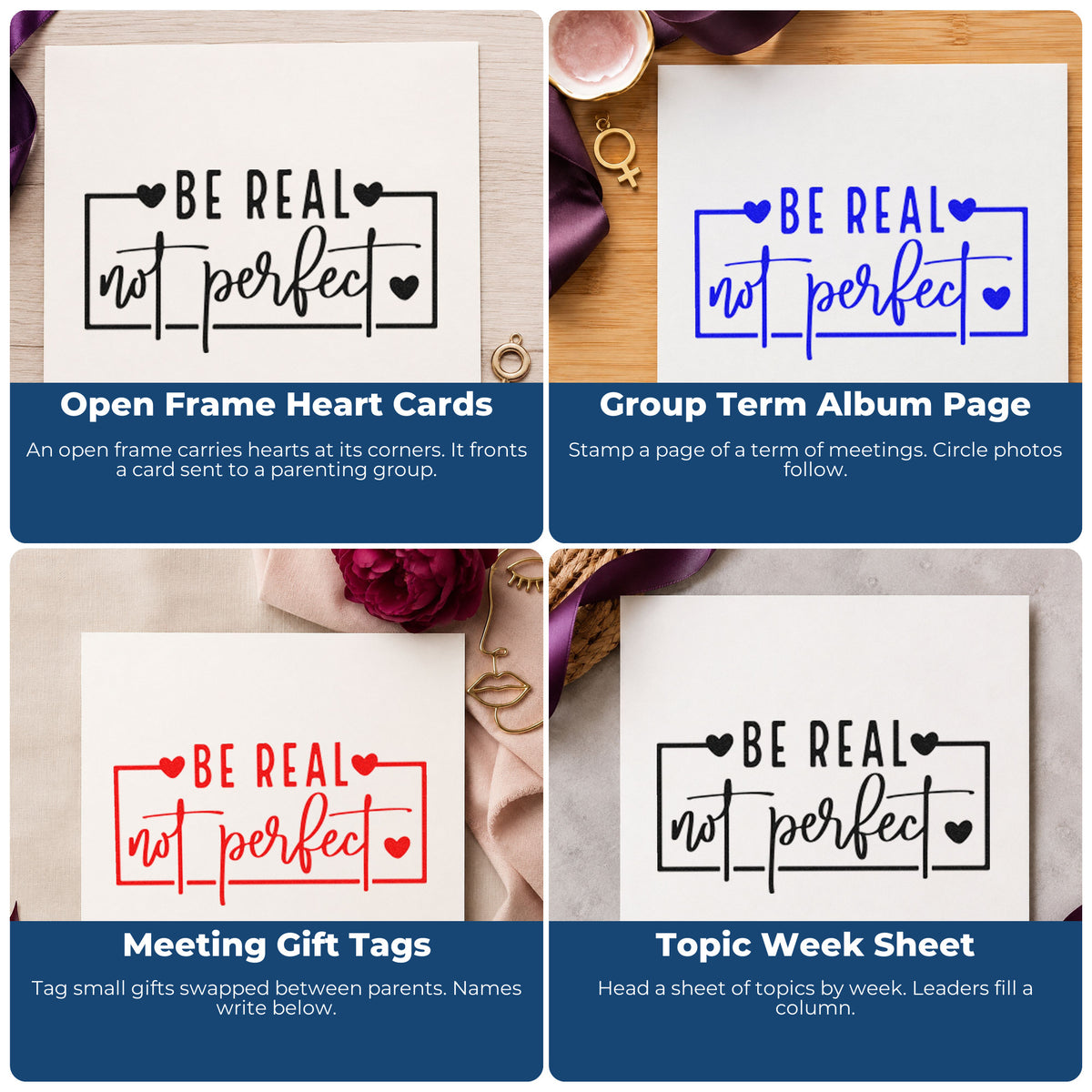 Four ways to use the Be Real Not Perfect Frame Rubber Stamp – Wood Handle: open frame heart cards, group term album page, meeting gift tags and topic week sheet.