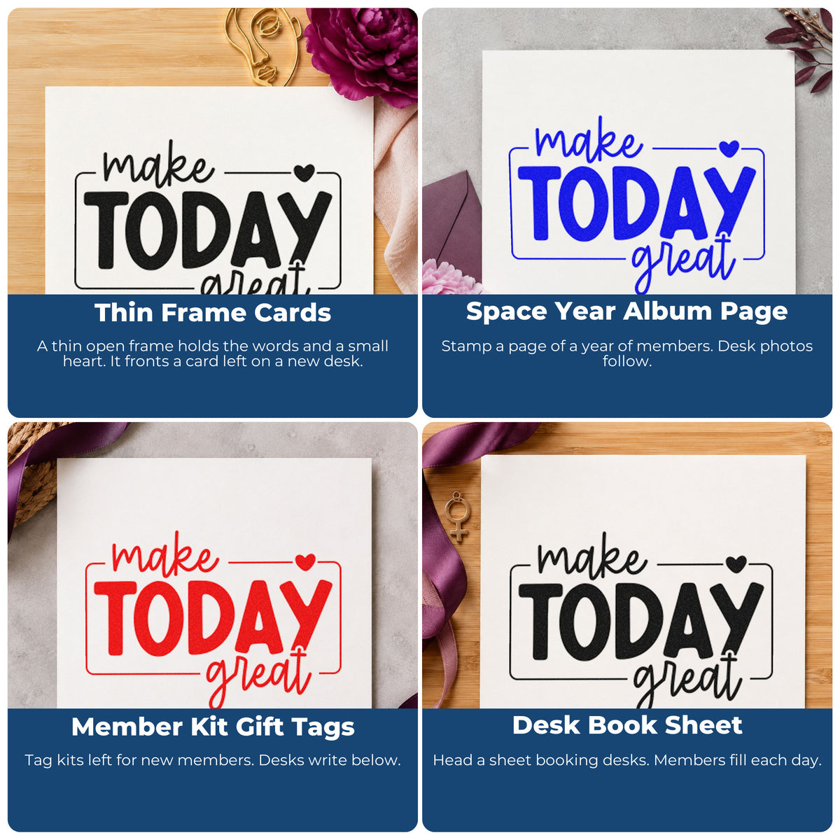 Four ways to use the Make Today Great Framed Pre-Inked Stamp – Slim: thin frame cards, space year album page, member kit gift tags and desk book sheet.