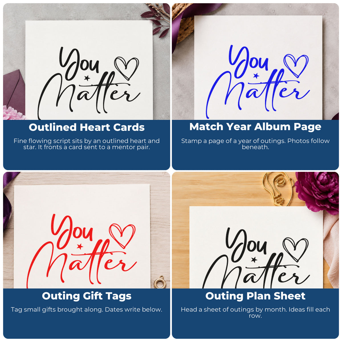 Four ways to use the Premium Wooden You Matter Stamp - Vintage Pro: outlined heart cards, match year album page, outing gift tags and outing plan sheet.