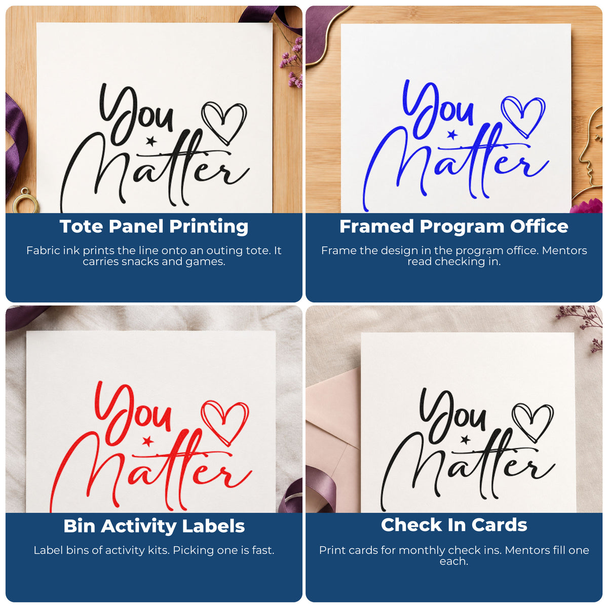 Four ways to use the You Matter Wood Handle Stamp: tote panel printing, framed program office, bin activity labels and check in cards.
