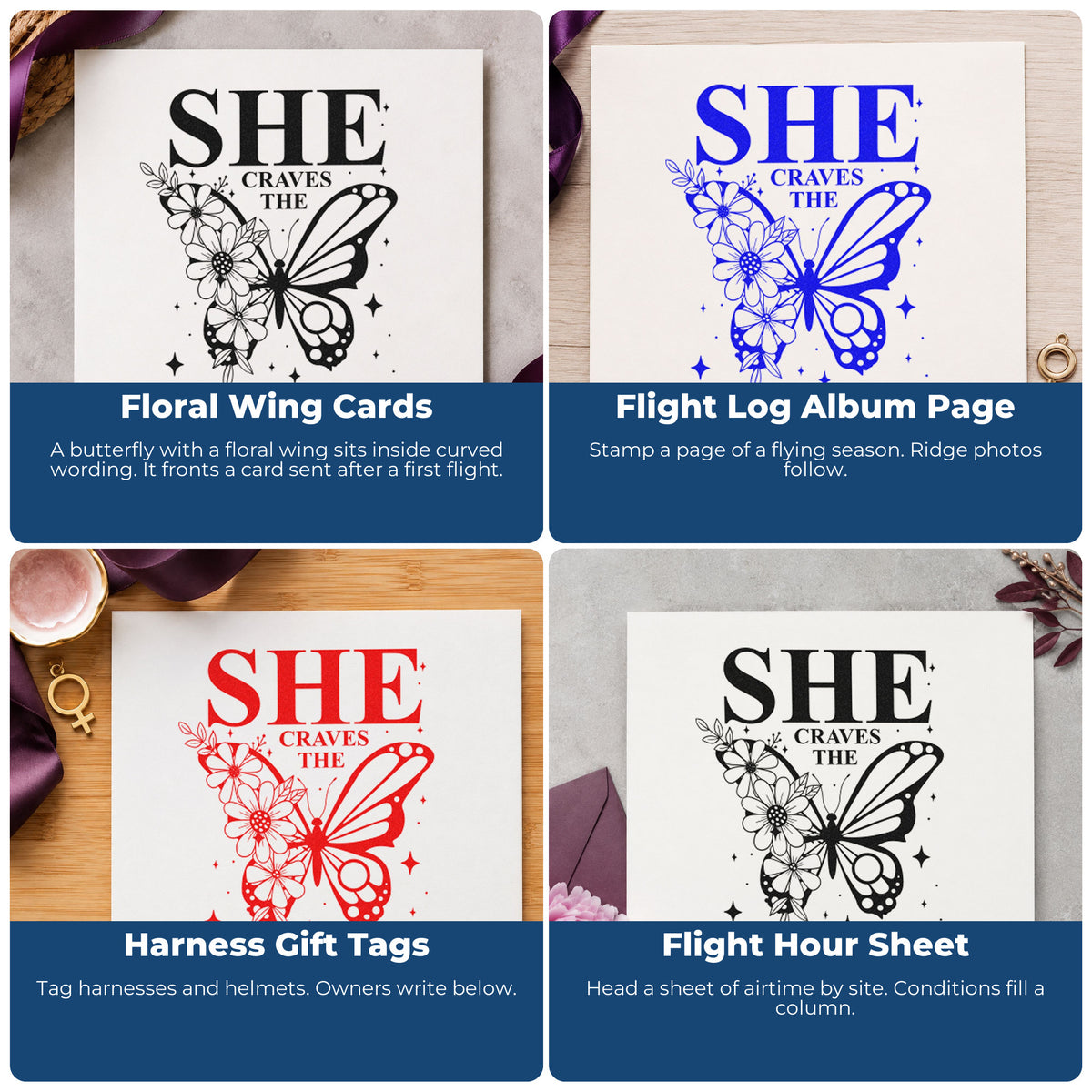 Four ways to use the She Craves The Open Sky Craft Stamp – Self-Inking: floral wing cards, flight log album page, harness gift tags and flight hour sheet.