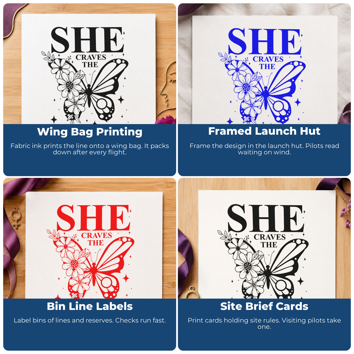 Four ways to use the She Craves The Open Sky Craft Stamp – Self-Inking: wing bag printing, framed launch hut, bin line labels and site brief cards.