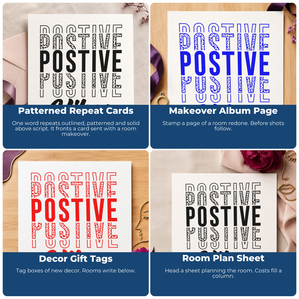 Four ways to use the Positive Vibes Repeated Word Art Premium Wooden Stamp - Vintage Pro: patterned repeat cards, makeover album page, decor gift tags and room plan sheet.