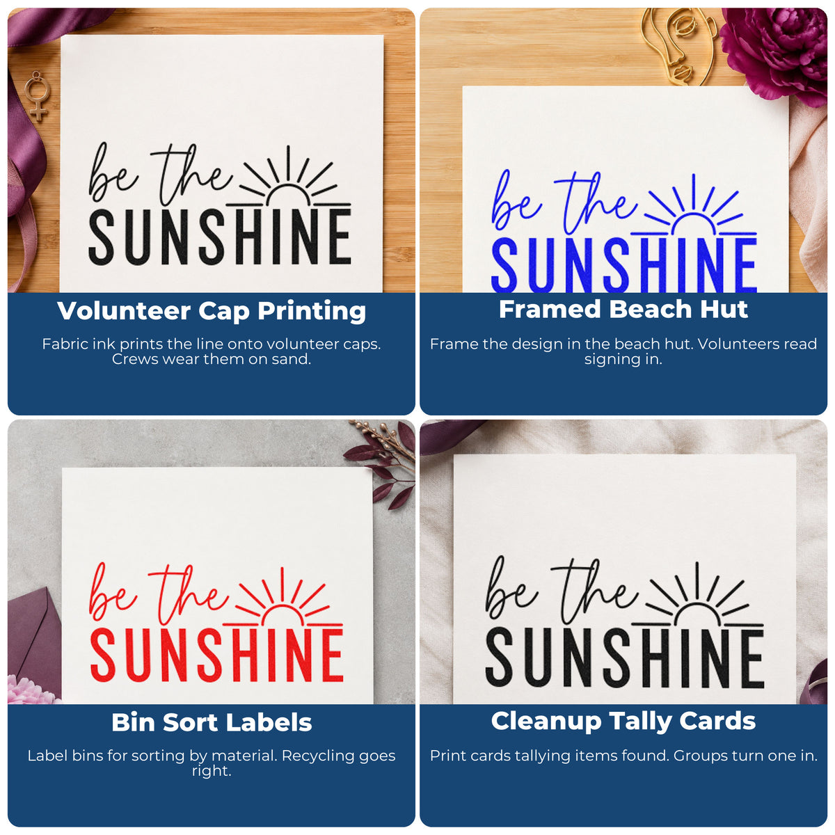 Four ways to use the Wood Handle Be The Sunshine Rising Sun Rubber Stamp: volunteer cap printing, framed beach hut, bin sort labels and cleanup tally cards.