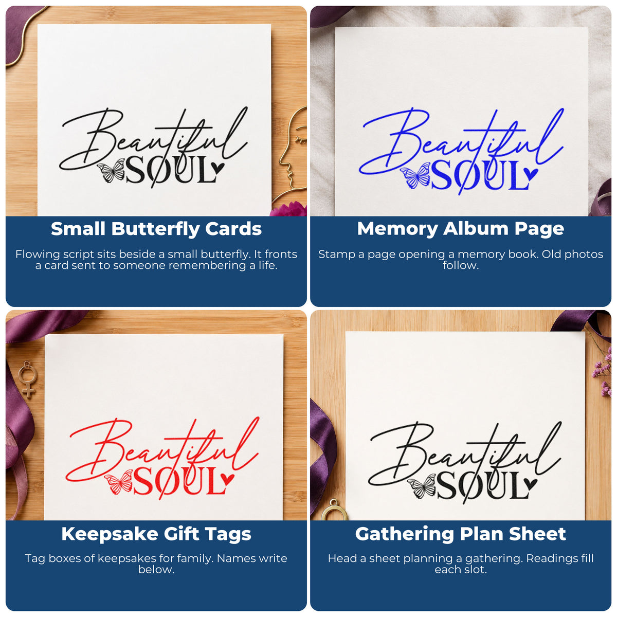 Four ways to use the Beautiful Soul Butterfly Word Art Self-Inking Stamp: small butterfly cards, memory album page, keepsake gift tags and gathering plan sheet.