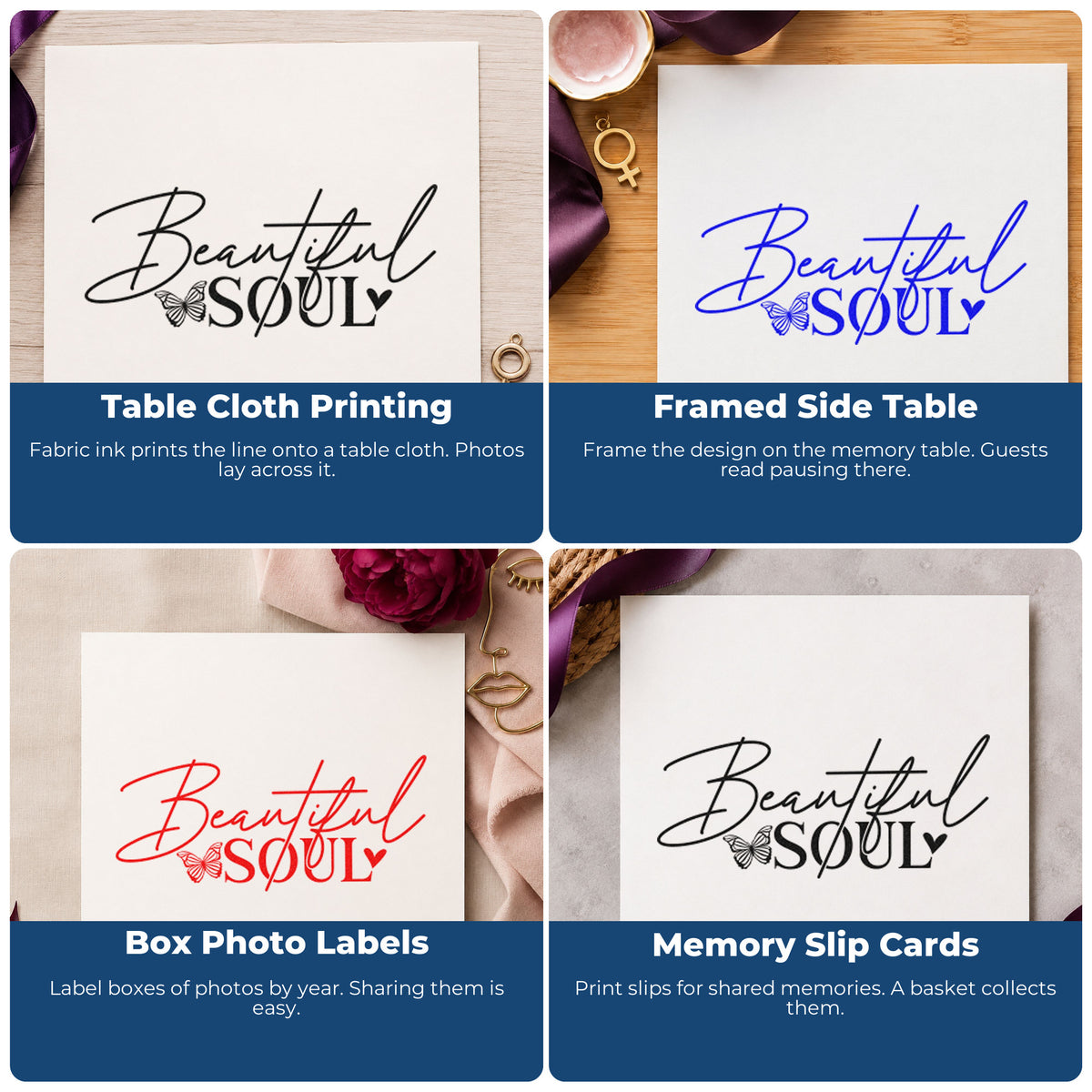 Four ways to use the Beautiful Soul Butterfly Word Art Self-Inking Stamp: table cloth printing, framed side table, box photo labels and memory slip cards.