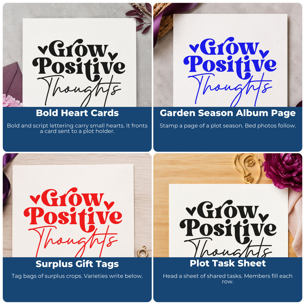 Four ways to use the Grow Positive Thoughts Hearts Hand Stamp – Duo: bold heart cards, garden season album page, surplus gift tags and plot task sheet.