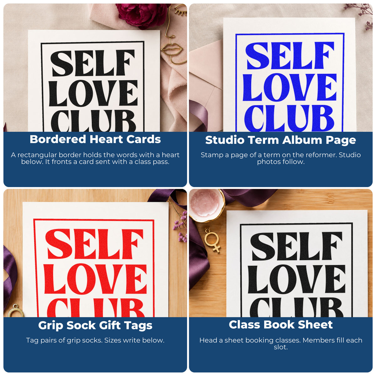 Four ways to use the Self Love Club Framed Lettering Wood Handle Stamp: bordered heart cards, studio term album page, grip sock gift tags and class book sheet.