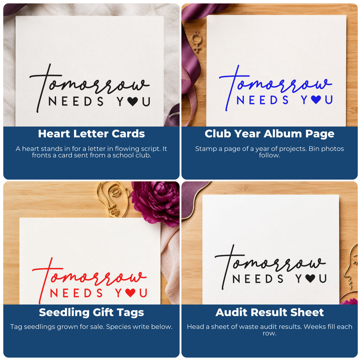 Four ways to use the Tomorrow Needs You Heart Hand Stamp – Duo: heart letter cards, club year album page, seedling gift tags and audit result sheet.