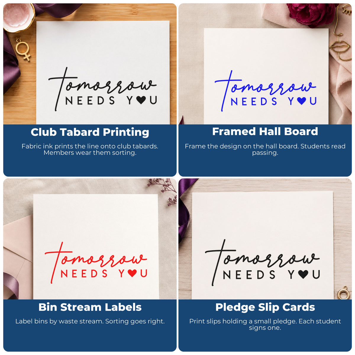 Four ways to use the Tomorrow Needs You Heart Hand Stamp – Duo: club tabard printing, framed hall board, bin stream labels and pledge slip cards.