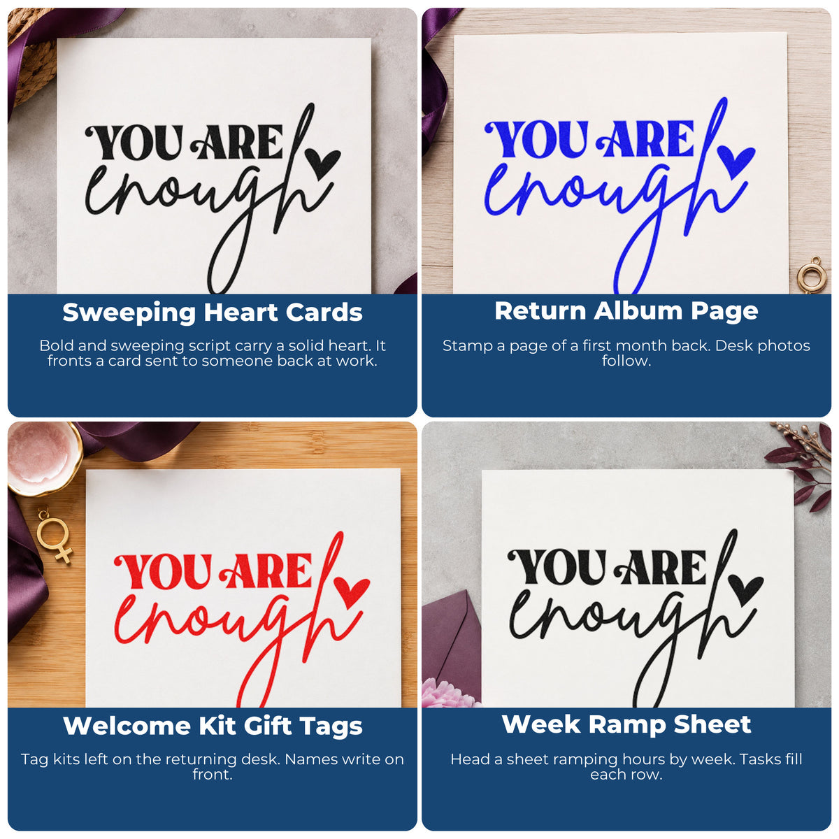 Four ways to use the You Are Enough Stamp – Wood Handle: sweeping heart cards, return album page, welcome kit gift tags and week ramp sheet.