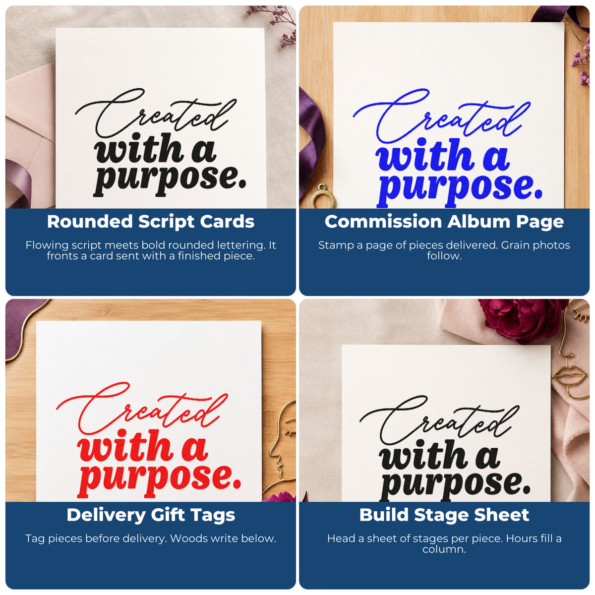 Four ways to use the PSI Pre-Inked Created With A Purpose Flowing Script Stamp: rounded script cards, commission album page, delivery gift tags and build stage sheet.