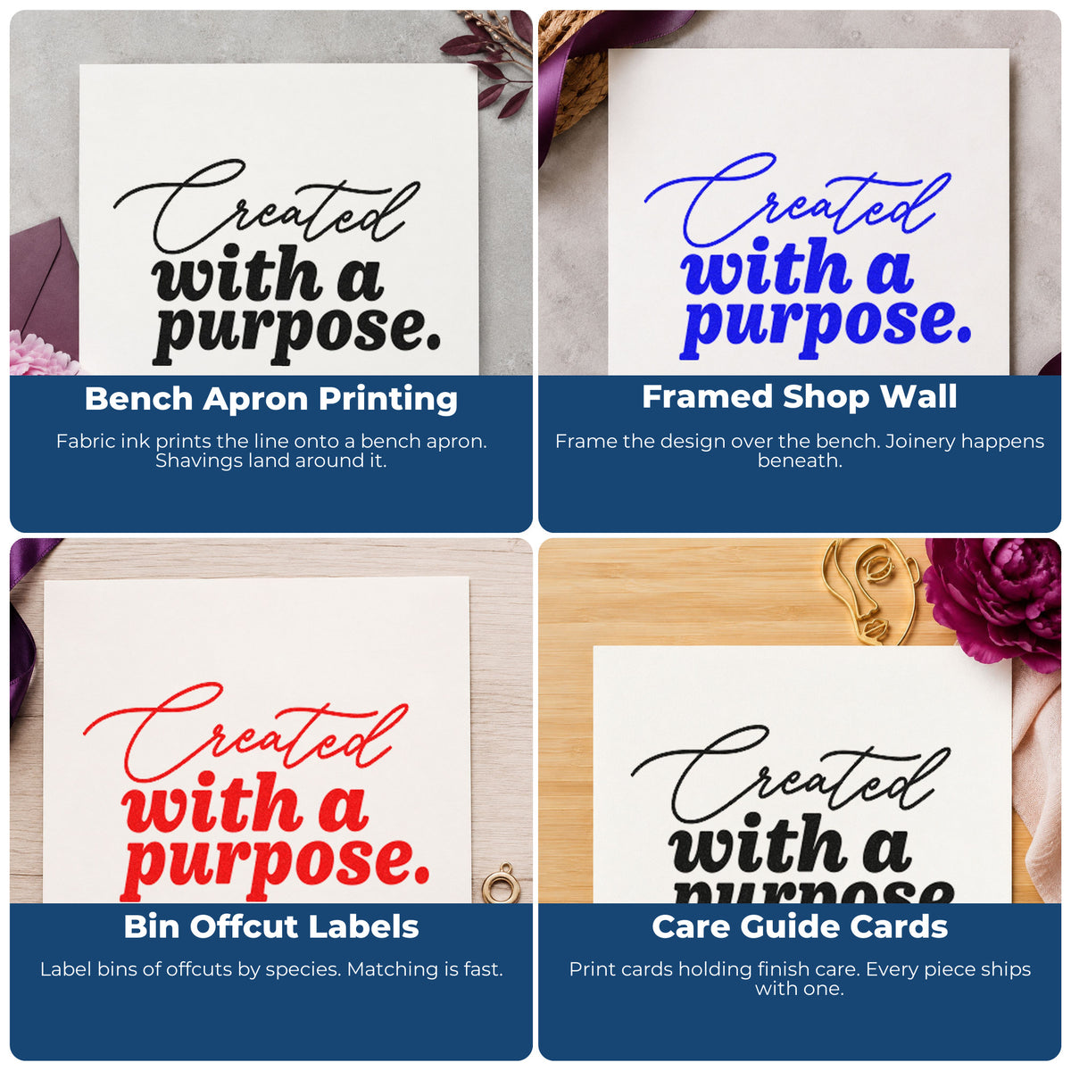 Four ways to use the Created With A Purpose Flowing Script Stamp – Self-Inking: bench apron printing, framed shop wall, bin offcut labels and care guide cards.