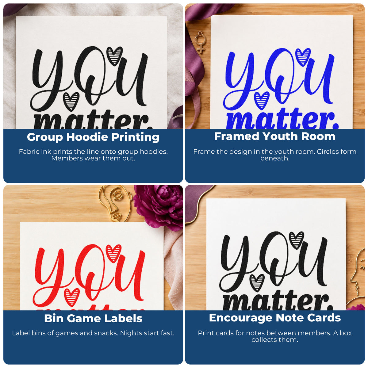 Four ways to use the You Matter Striped Hearts Hand Stamp – Duo: group hoodie printing, framed youth room, bin game labels and encourage note cards.