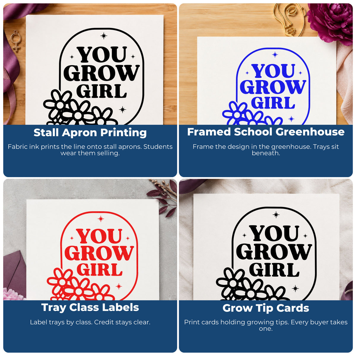 Four ways to use the You Grow Girl Flowers Stamp – PSI Pre-Inked: stall apron printing, framed school greenhouse, tray class labels and grow tip cards.