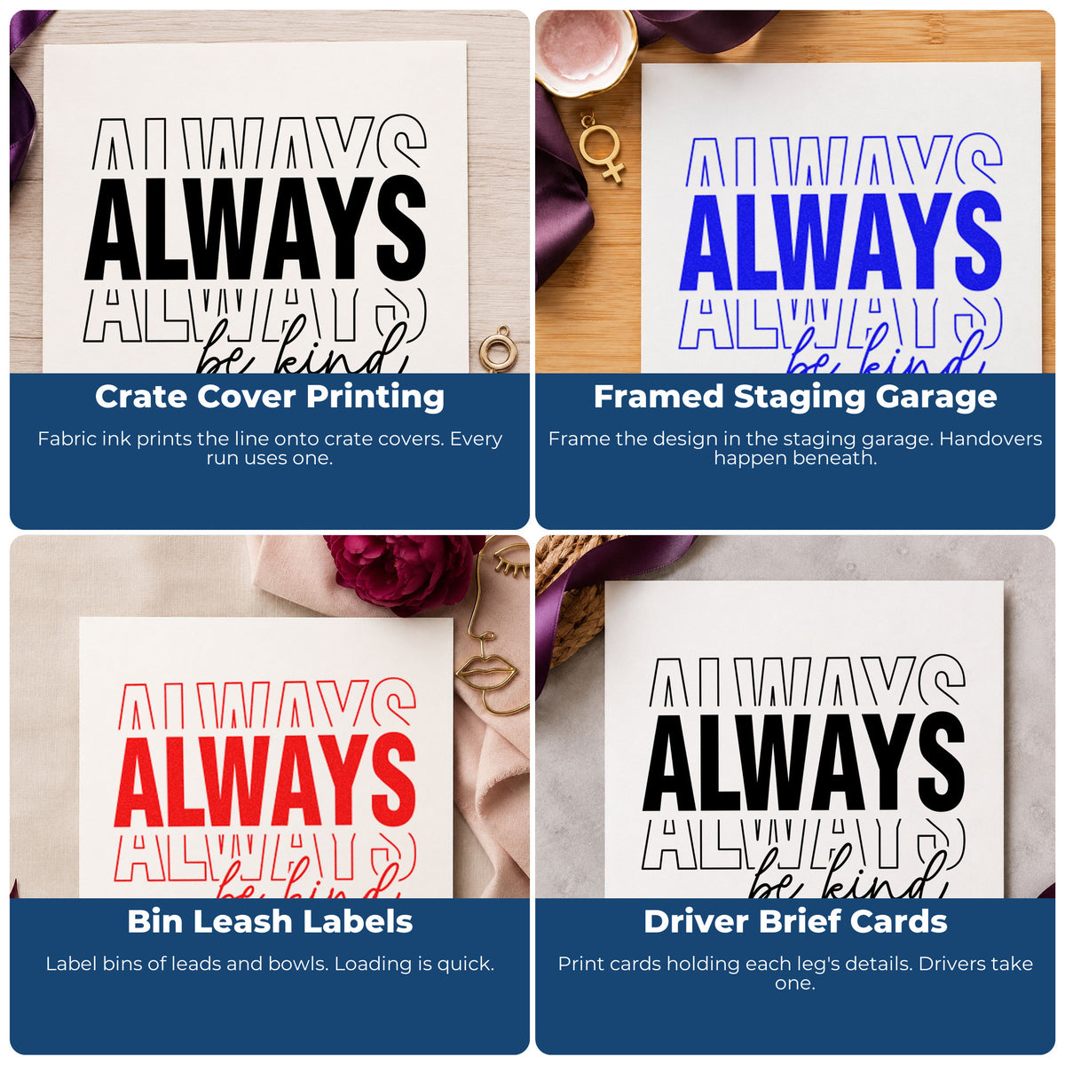 Four ways to use the Always Be Kind Lettering Rubber Stamp – Wood Handle: crate cover printing, framed staging garage, bin leash labels and driver brief cards.
