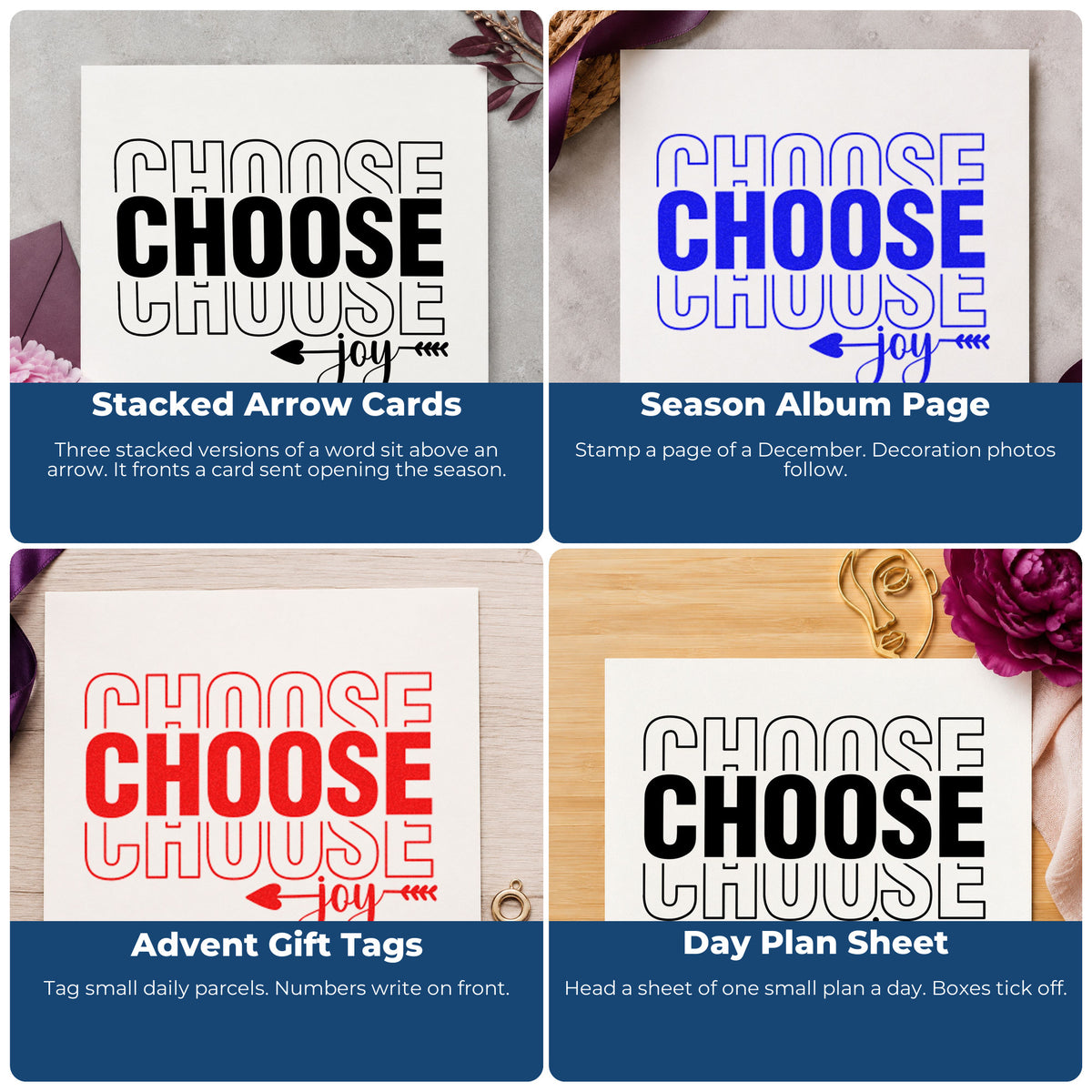 Four ways to use the Choose Joy Repeated Word Art Wood Handle Stamp: stacked arrow cards, season album page, advent gift tags and day plan sheet.