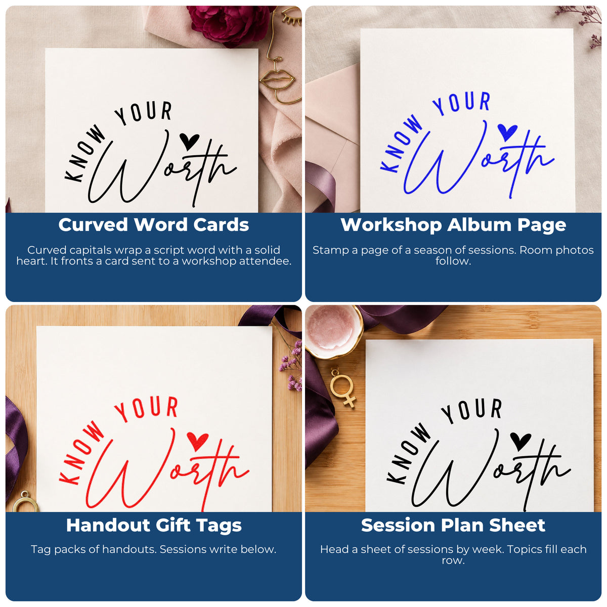 Four ways to use the Know Your Worth Heart Rubber Stamp – Wood Handle: curved word cards, workshop album page, handout gift tags and session plan sheet.