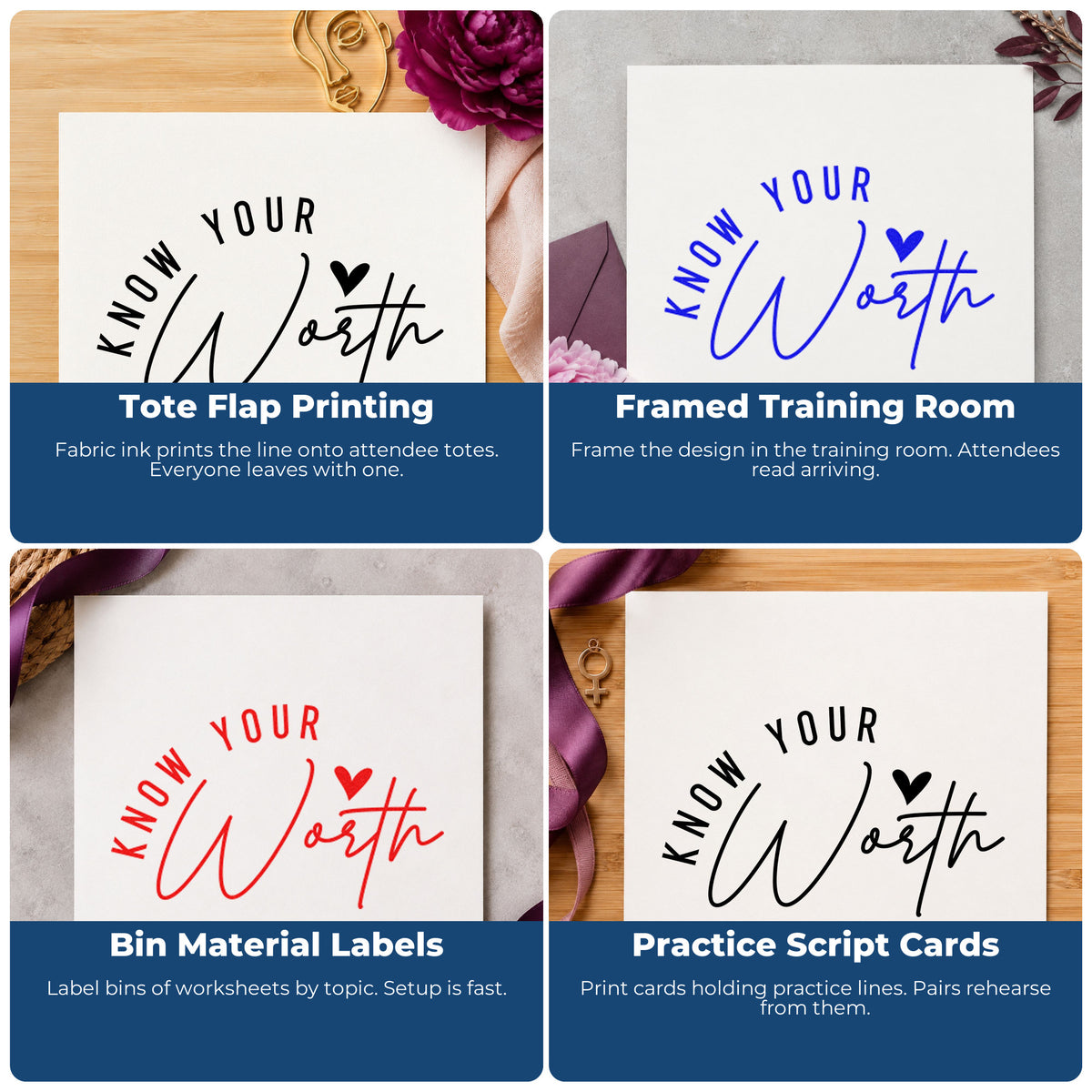 Four ways to use the Know Your Worth Heart Rubber Stamp – Wood Handle: tote flap printing, framed training room, bin material labels and practice script cards.