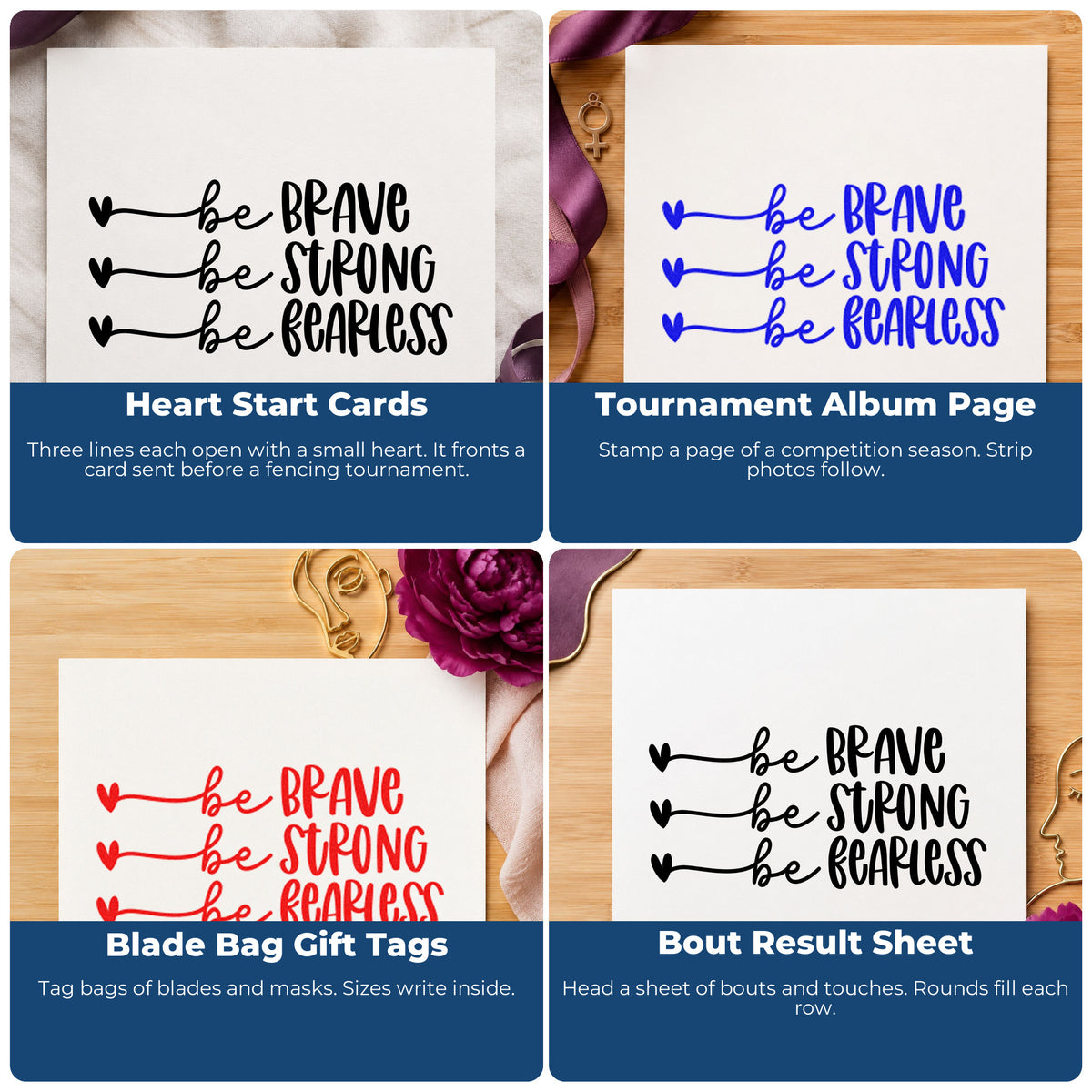 Four ways to use the Brave Strong Fearless Hearts Stamp – Self-Inking: heart start cards, tournament album page, blade bag gift tags and bout result sheet.