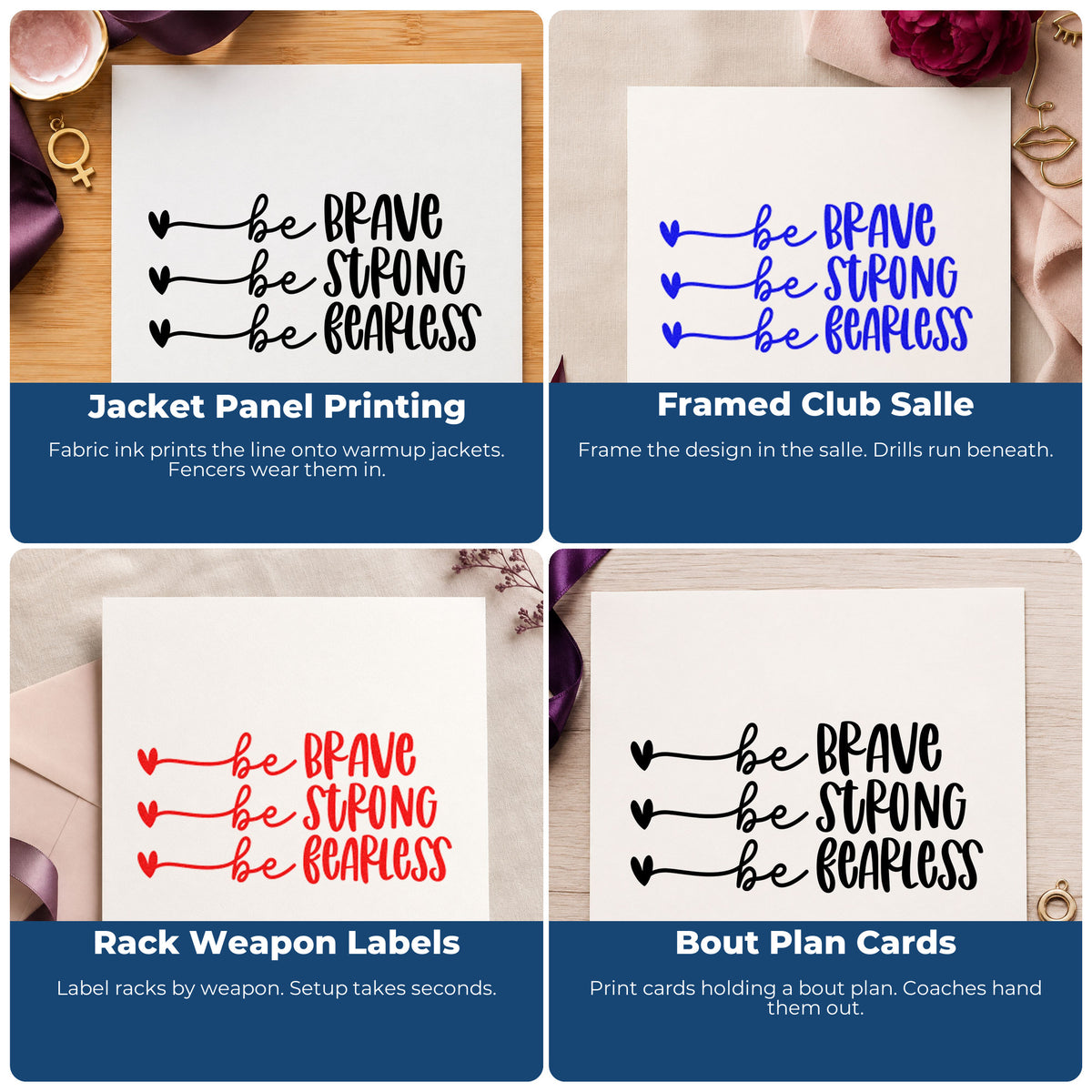 Four ways to use the Brave Strong Fearless Hearts PSI Pre-Inked Stamp: jacket panel printing, framed club salle, rack weapon labels and bout plan cards.