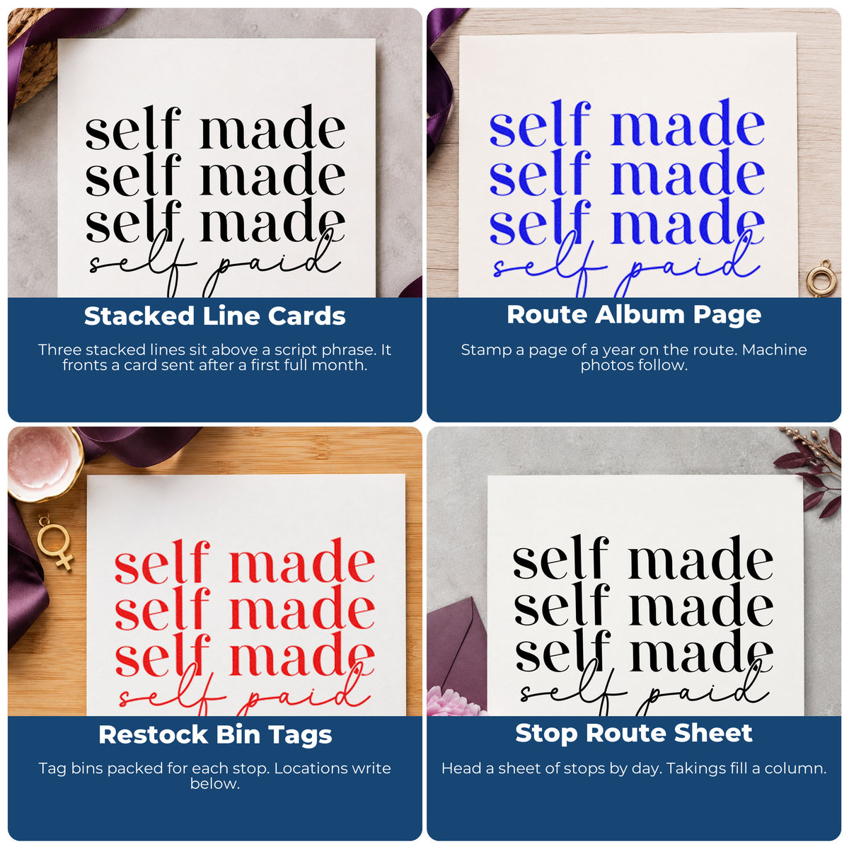 Four ways to use the Self Made Self Paid Slim Pre-Inked Stamp: stacked line cards, route album page, restock bin tags and stop route sheet.