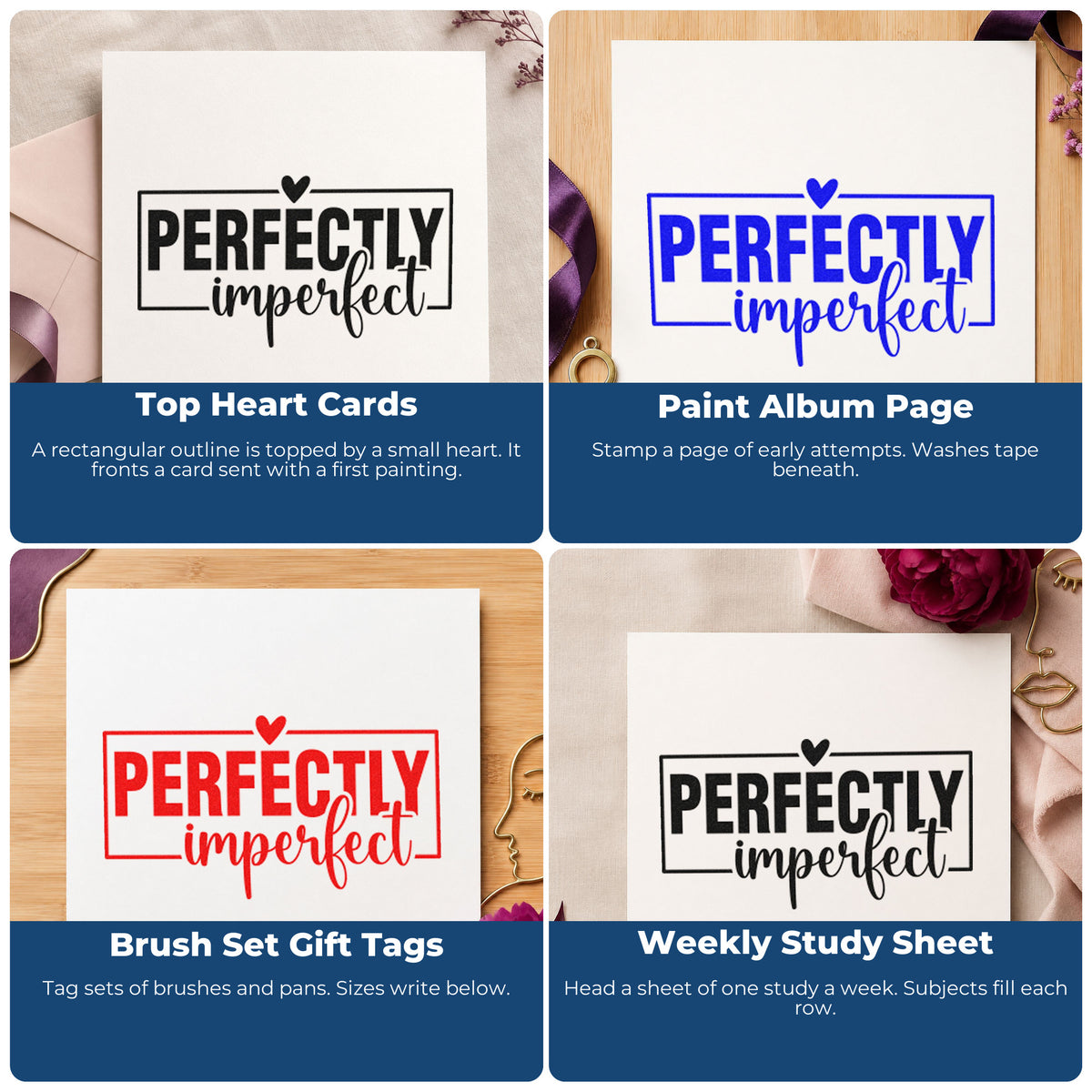 Four ways to use the Perfectly Imperfect Heart Framed Lettering Self-Inking Craft Stamp: top heart cards, paint album page, brush set gift tags and weekly study sheet.
