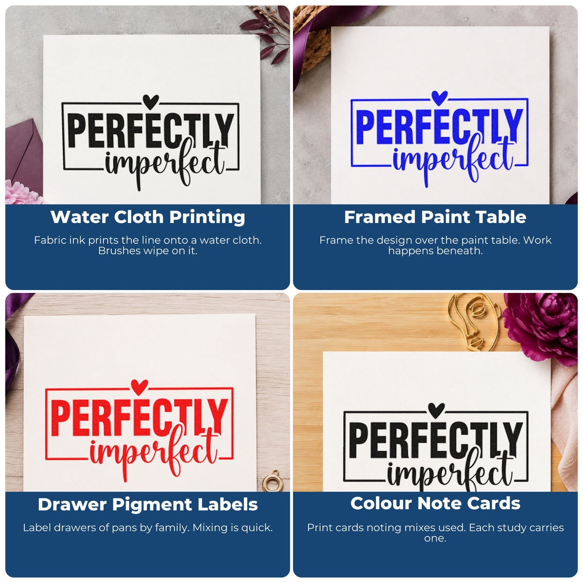 Four ways to use the Perfectly Imperfect Heart Framed Lettering Self-Inking Craft Stamp: water cloth printing, framed paint table, drawer pigment labels and color note cards.