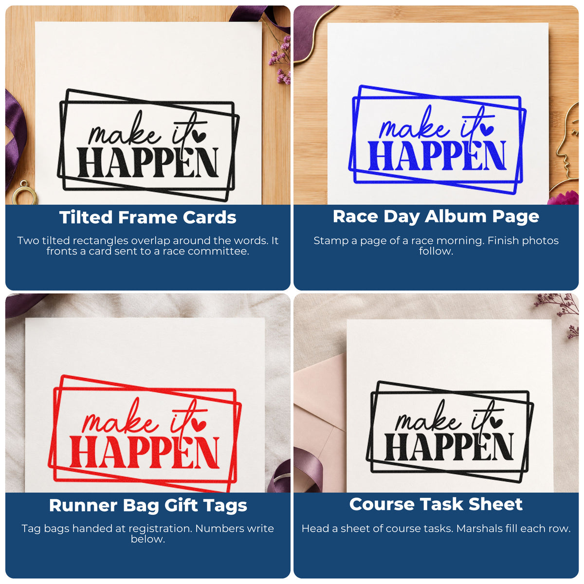 Four ways to use the Make It Happen Frames Pre-Inked Stamp – Slim: tilted frame cards, race day album page, runner bag gift tags and course task sheet.