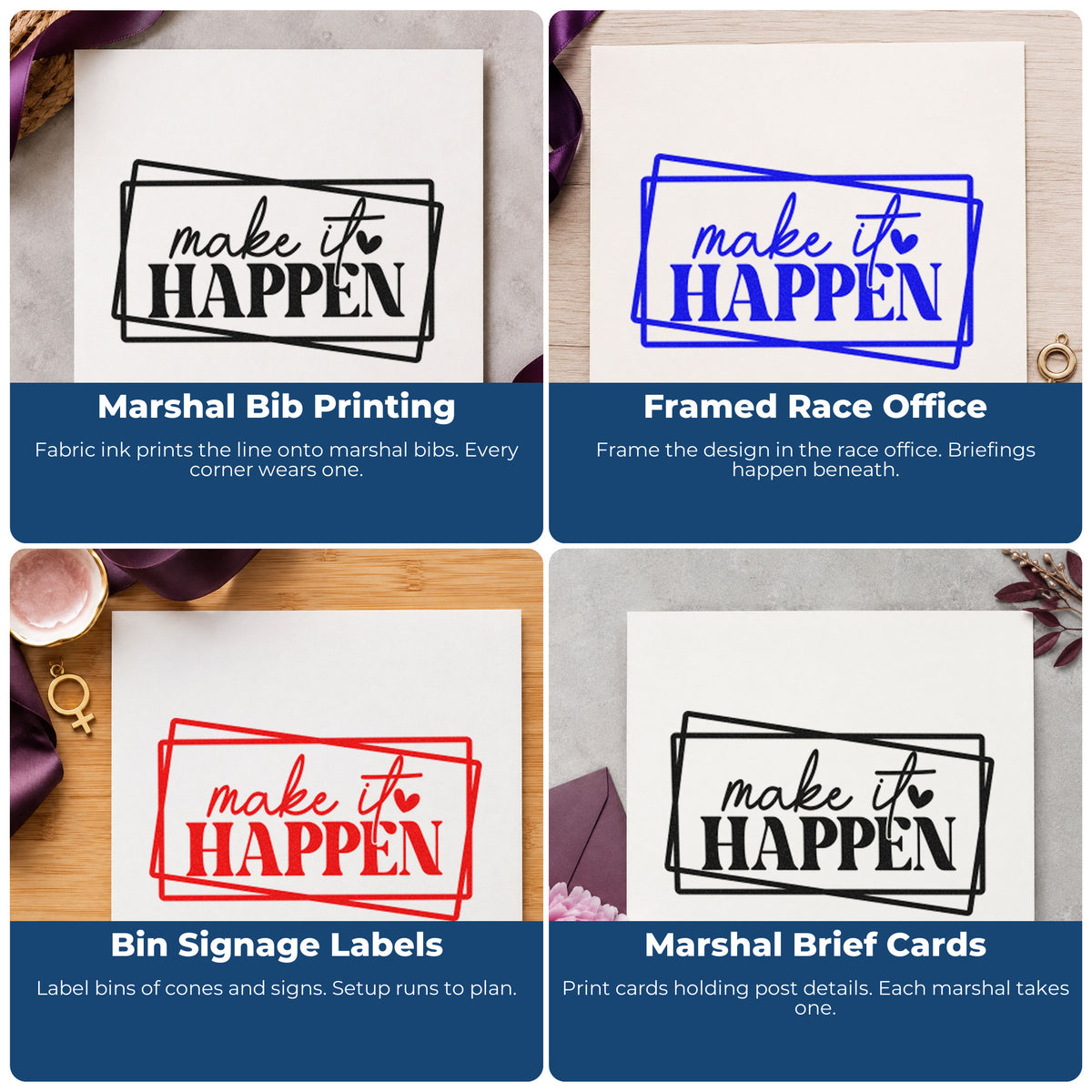 Four ways to use the Make It Happen Frames Pre-Inked Stamp – Slim: marshal bib printing, framed race office, bin signage labels and marshal brief cards.