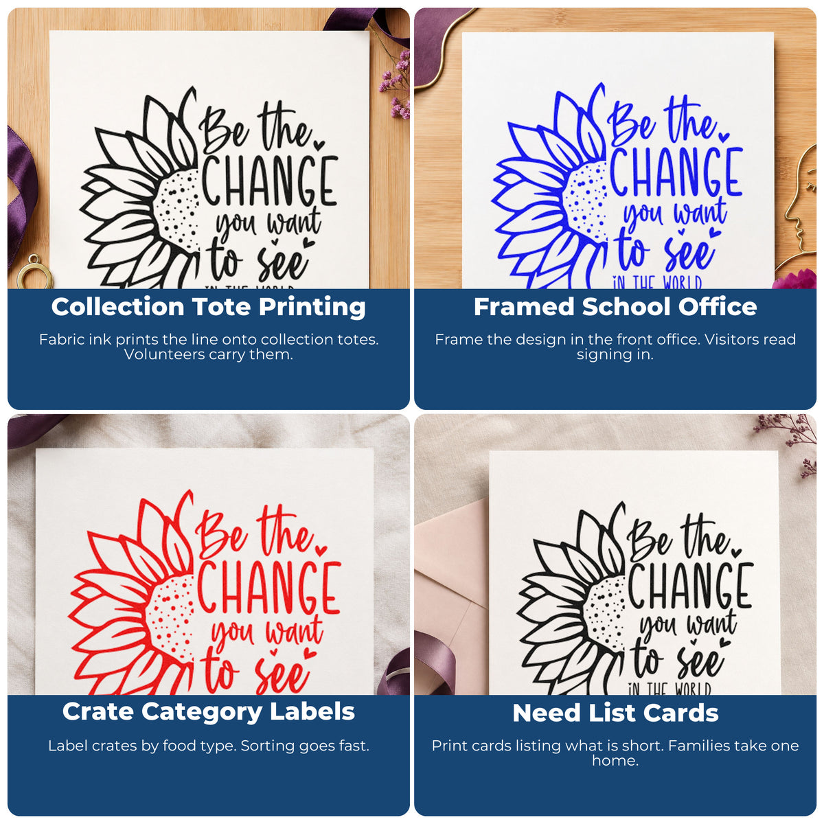 Four ways to use the Be The Change Sunflower Craft Stamp – Self-Inking: collection tote printing, framed school office, crate category labels and need list cards.