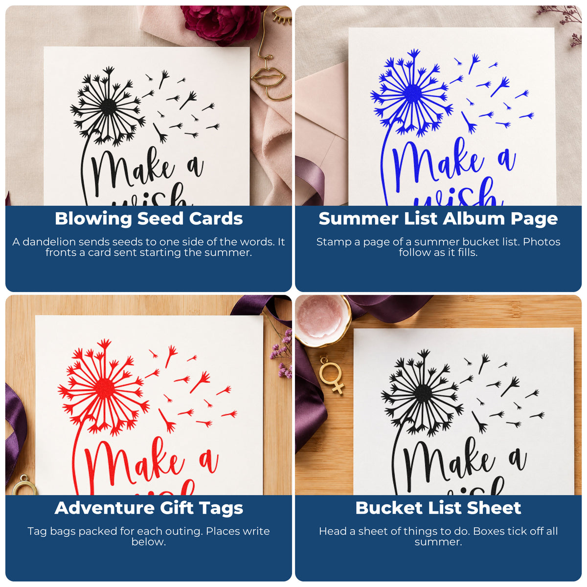 Four ways to use the Make A Wish Dandelion Stamp – Self-Inking: blowing seed cards, summer list album page, adventure gift tags and bucket list sheet.