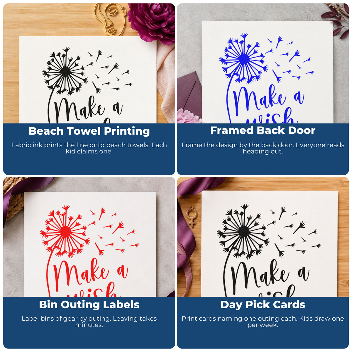 Four ways to use the Make A Wish Dandelion Stamp – Self-Inking: beach towel printing, framed back door, bin outing labels and day pick cards.