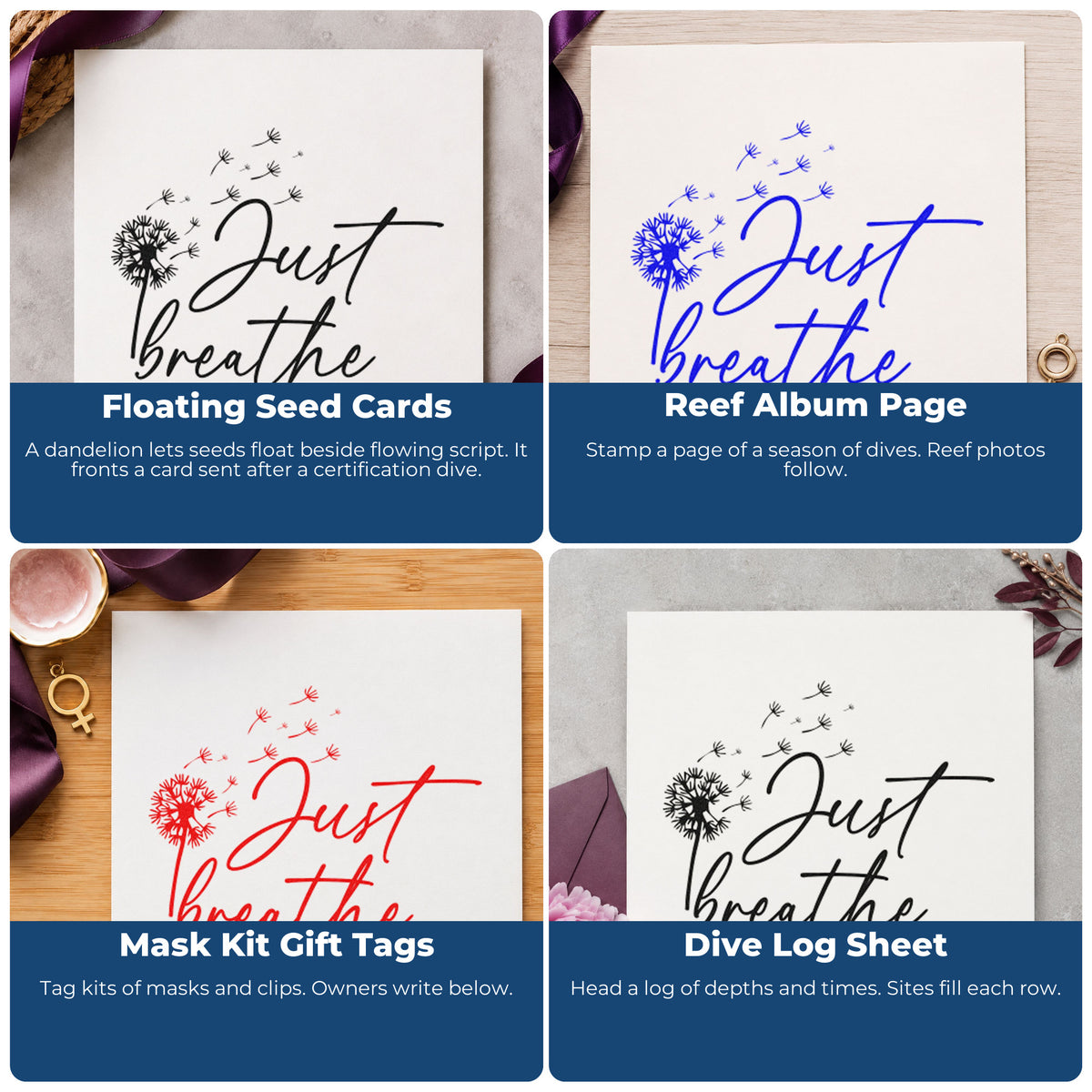 Four ways to use the Just Breathe Dandelion Seeds Script Lettering Rubber Stamp – Duo Hand: floating seed cards, reef album page, mask kit gift tags and dive log sheet.