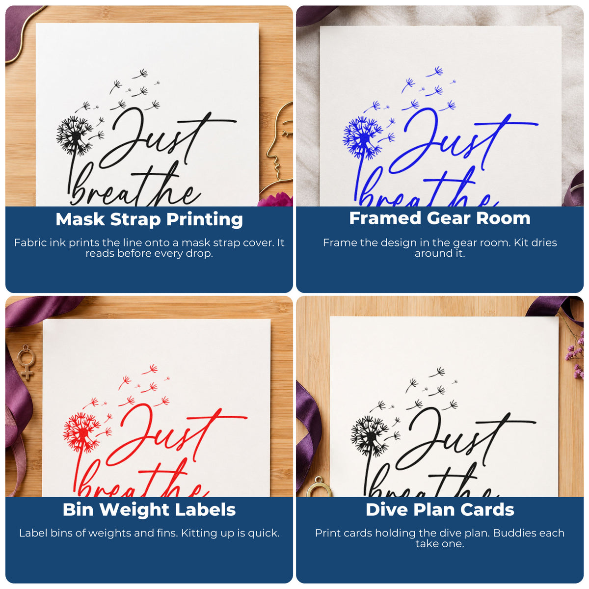 Four ways to use the Just Breathe Dandelion Seeds Script Lettering Rubber Stamp – Duo Hand: mask strap printing, framed gear room, bin weight labels and dive plan cards.