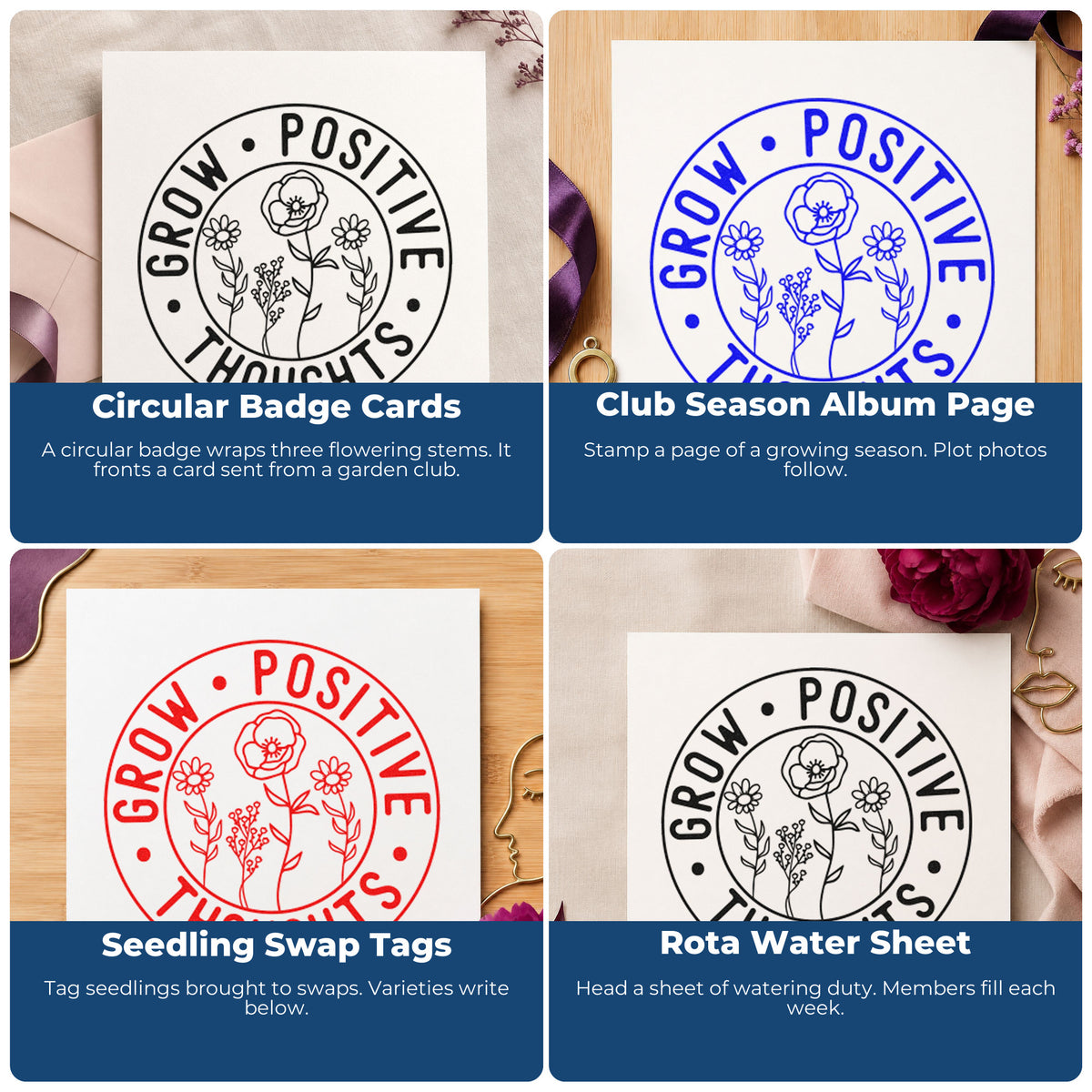 Four ways to use the Grow Positive Thoughts Badge Hand Stamp – Duo: circular badge cards, club season album page, seedling swap tags and rota water sheet.