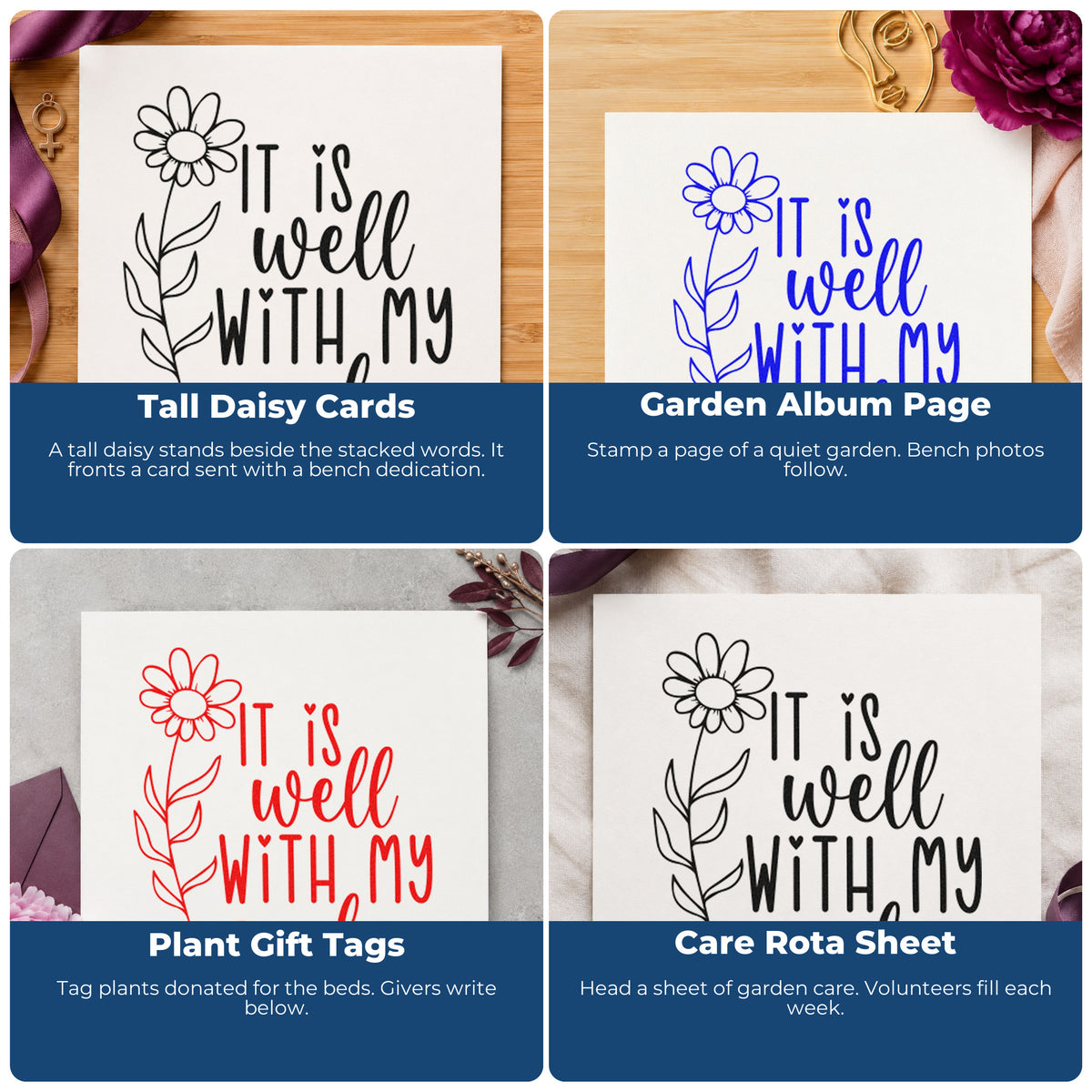 Four ways to use the Daisy And It Is Well Lettering Slim Pre-Inked Stamp: tall daisy cards, garden album page, plant gift tags and care rota sheet.