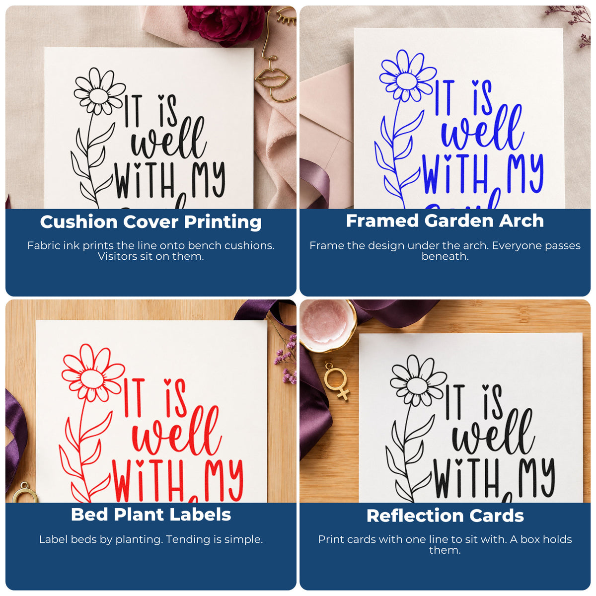 Four ways to use the Daisy And It Is Well Lettering Slim Pre-Inked Stamp: cushion cover printing, framed garden arch, bed plant labels and reflection cards.