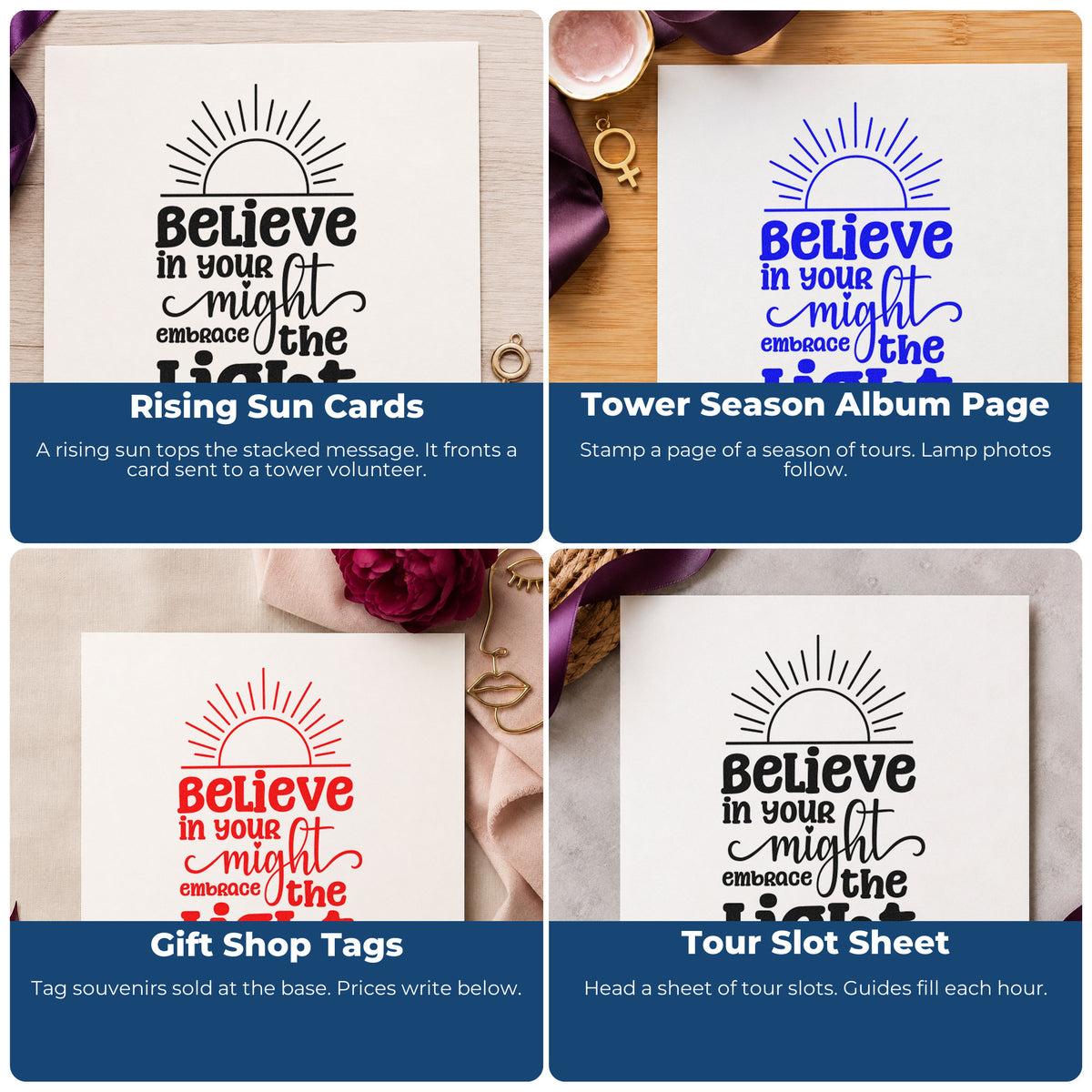 Four ways to use the Embrace The Light Rising Sun Premium Wooden Stamp - Vintage Pro: rising sun cards, tower season album page, gift shop tags and tour slot sheet.