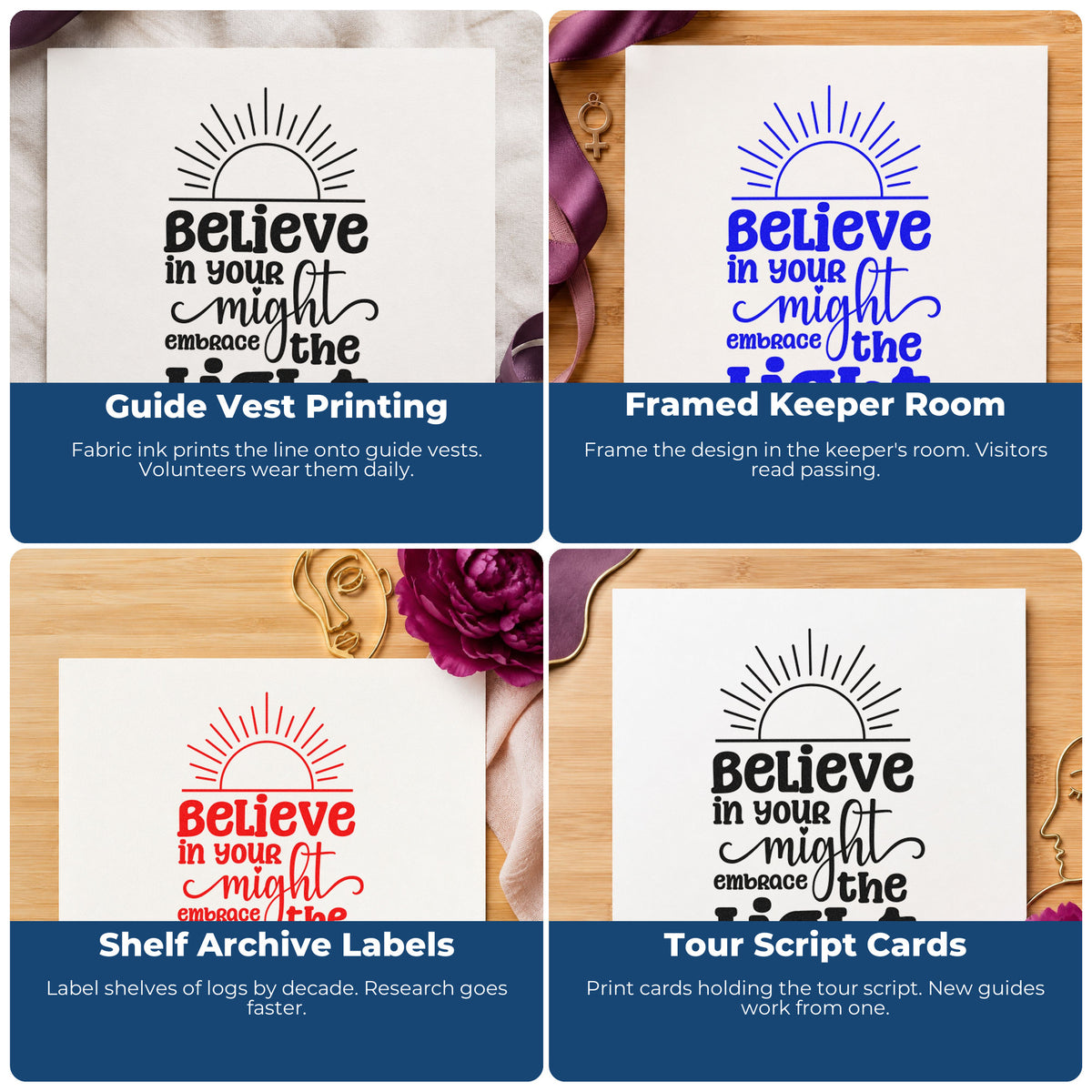 Four ways to use the Embrace The Light Rising Sun Pre-Inked Stamp – Slim: guide vest printing, framed keeper room, shelf archive labels and tour script cards.
