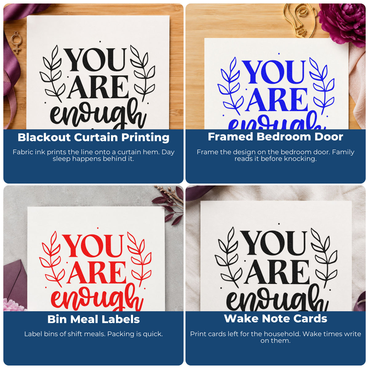 Four ways to use the You Are Enough Leaves Botanical Sprig Self-Inking Stamp: blackout curtain printing, framed bedroom door, bin meal labels and wake note cards.