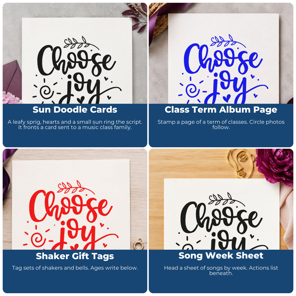 Four ways to use the Choose Joy Leafy Script Lettering Stamp – Wood Handle: sun doodle cards, class term album page, shaker gift tags and song week sheet.