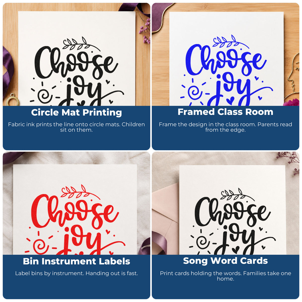 Four ways to use the Choose Joy Leafy Script Lettering Stamp – Wood Handle: circle mat printing, framed class room, bin instrument labels and song word cards.