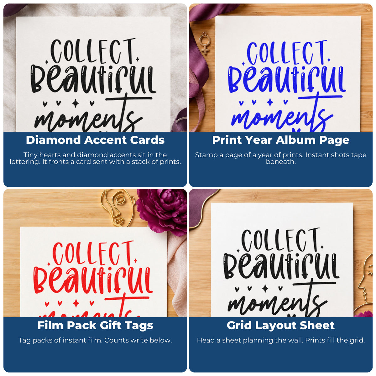 Four ways to use the Slim Pre-Inked Collect Beautiful Moments Stamp: diamond accent cards, print year album page, film pack gift tags and grid layout sheet.